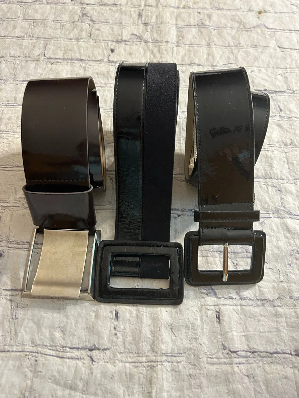 LAKE SHORE DRIVE WIDE BLACK PATENT LEATHER & (2)  PATENT BLACK & BROWN BELTS